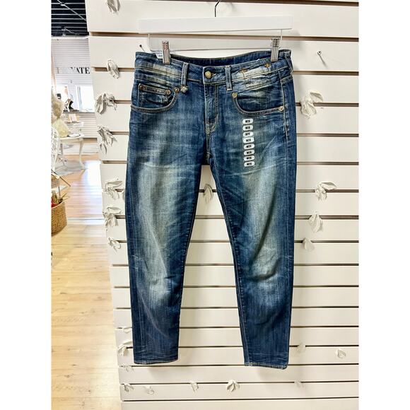 R13 Boy Mid Rise Whiskered 5 Pocket Denim Skinny Jeans Blue Women's Size W26 - Picture 6 of 9